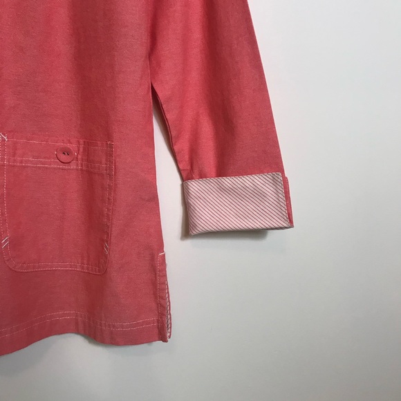 Denim & Co. Popover Tunic Top Coral Orange Contrast French Cuff Utility Pockets - Picture 8 of 9